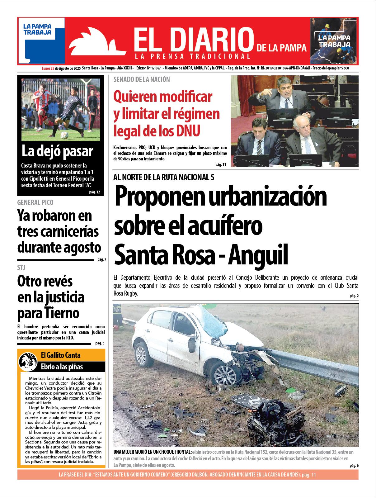 Tapa de El Diario en papel  lunes 25 de agosto de 2025